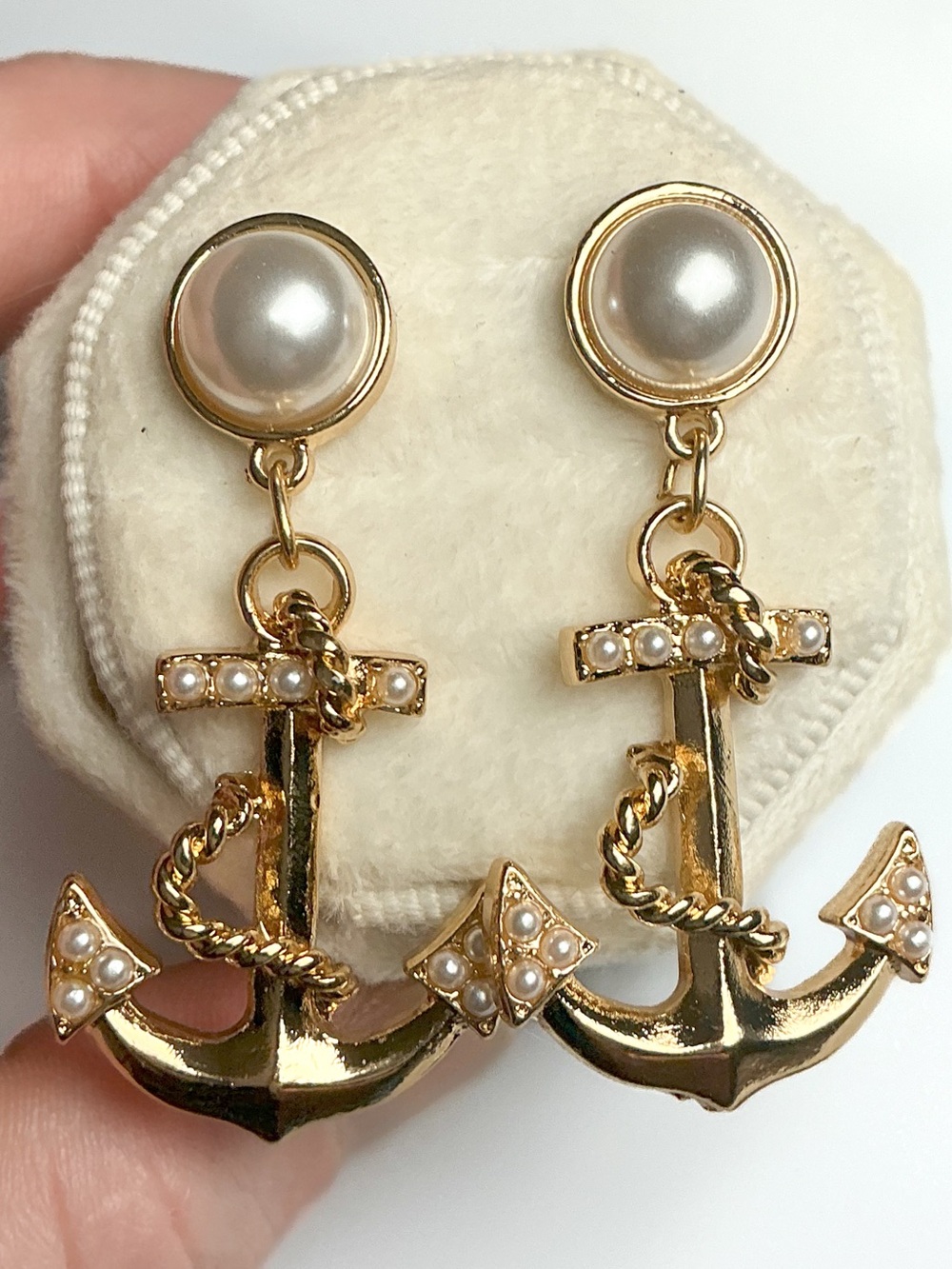 Goldtone Nautical Anchor Pearl Embellished Drop Earrings